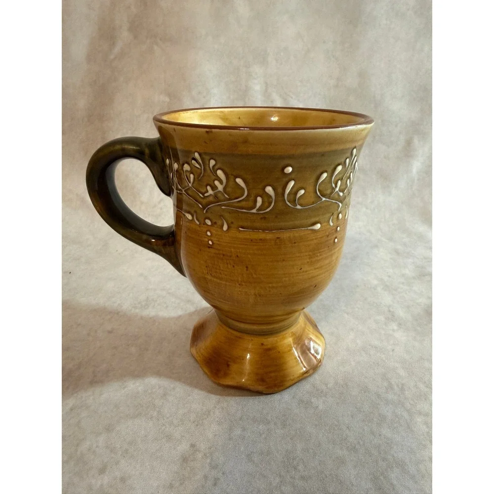 Pier 1 P1 Ceramic Pedestal Mug Brown Glazed Scrollwork Footed Coffee Cup